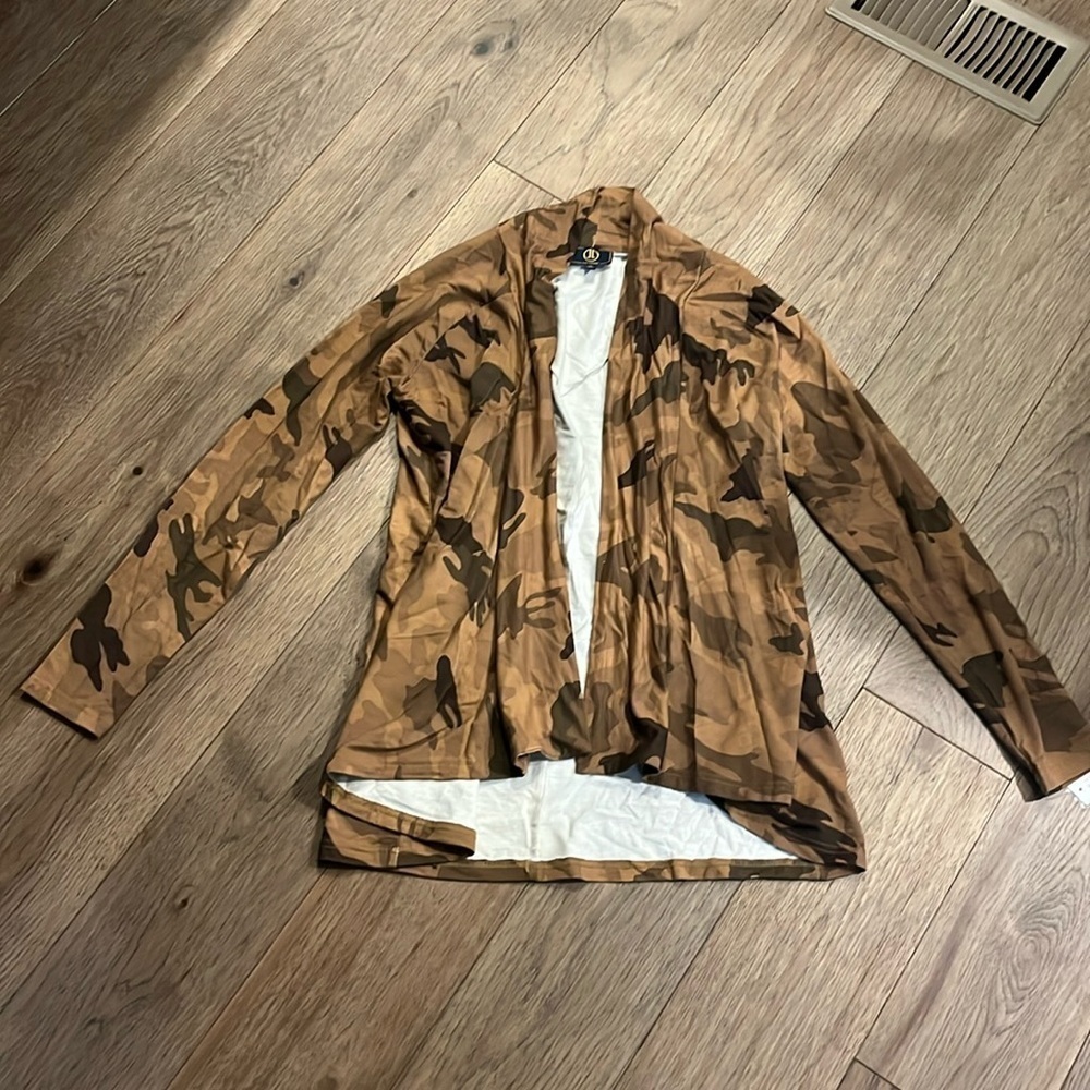 NWT LIZ LANGE open front waterfall brown camo cardigan l, size medium